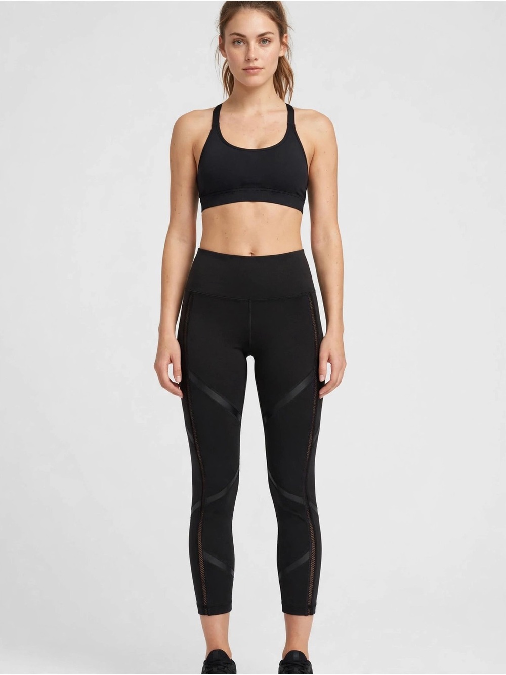 Yogalicious Black Cropped 25”faux Leather diagonal Moto Panels, with Mesh insert